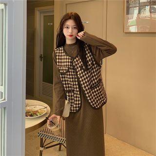 Long-sleeve Midi Shift Dress / Check Button Vest