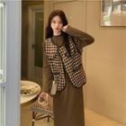 Long-sleeve Midi Shift Dress / Check Button Vest