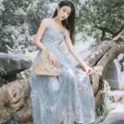 Spaghetti Strap Floral Embroidered Maxi A-line Dress / Light Jacket