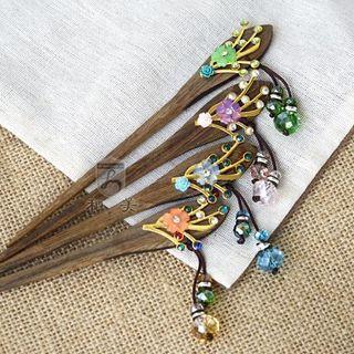 Retro Flower Rhinestone Wooden Hair Stick