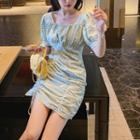 Short-sleeve Gingham Drawstring Mini Sheath Dress