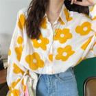 Flower Print Long-sleeve Loose-fit Shirt Yellow - One Size