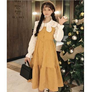 Embroidered Blouse/ Corduroy Midi Pinafore Dress