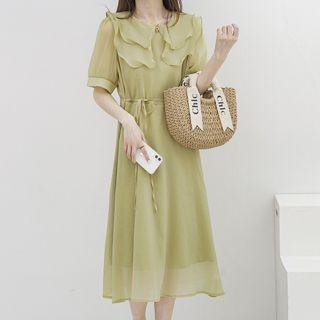 Short-sleeve Collar Midi A-line Dress Green - One Size