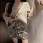 V-neck Cardigan / Fringed Trim Tweed Skirt
