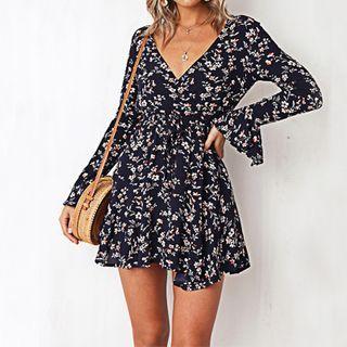 Bell-sleeve Floral Print Mini A-line Dress