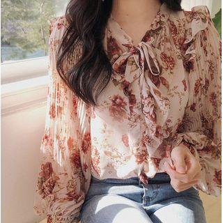 Floral Print Ruffled Chiffon Blouse Red - One Size
