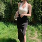 Halter-neck Ribbed Knit Top / Midi Pencil Skirt