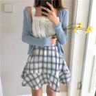 Set: Lace Sleeveless Top + Plaid Mini Skirt + Cardigan