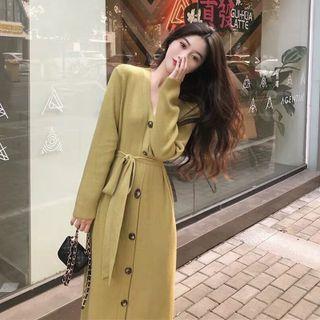 Long-sleeve V-neck Button-up Knit Dress