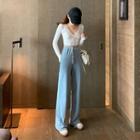 V-neck Long-cardigan / Drawstring Wide Leg Pants