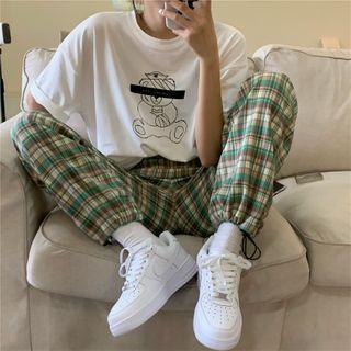 Elbow-sleeve Printed T-shirt / Plaid Harem Pants