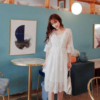 Set: Eyelet-lace A-line Dress + Slipdress
