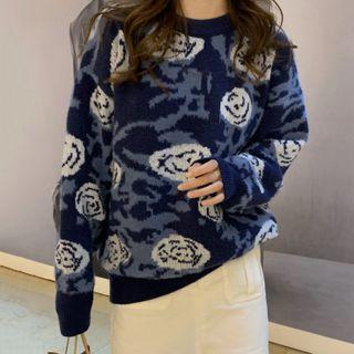 Floral Print Sweater Dark Blue & White - One Size