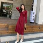 Long-sleeve Bow-accent Plain Dress