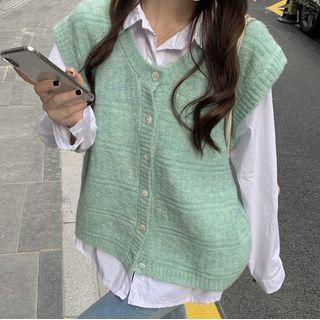 Plain Knit Sleeveless Jacket Green - One Size