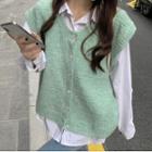 Plain Knit Sleeveless Jacket Green - One Size