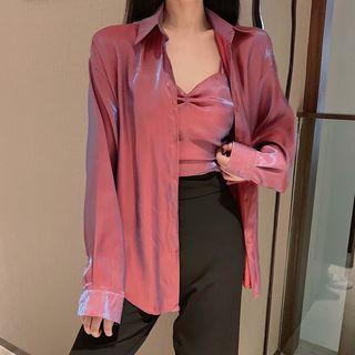 Iridescent Shirt / Shirred Crop Camisole Top