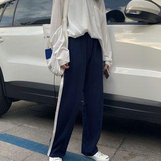 Long-sleeve Plain T-shirt / Contrast Trim Wide Leg Pants