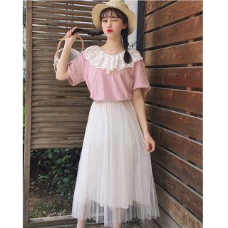 Set: Lace Panel Short-sleeve Top + Mesh Midi Skirt