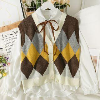 Set: Argyle Button-up Knit Vest + Tie-neckline Plain Shirt
