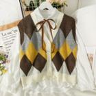 Set: Argyle Button-up Knit Vest + Tie-neckline Plain Shirt