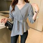 Elbow-sleeve V-neck Plaid Asymmetric Blouse