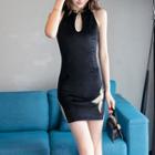 Traditional Chinese Sleeveless Embroidered Mini Sheath Dress