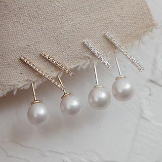 Mismatch Rhinestone Bar Pearl Drop Earrings