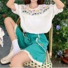 Puff-sleeve Flower Embroidered Ruffle Blouse / Shorts