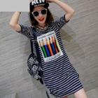 Pencil Print Striped Elbow Sleeve T-shirt Dress