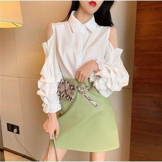 Ruffle Cutout Long-sleeve Blouse / Faux-leather High-waist Skirt