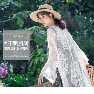 Open Front Transparent Lace Long Top White - F
