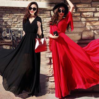 V-neck Flared-sleeve Maxi A-line Dress
