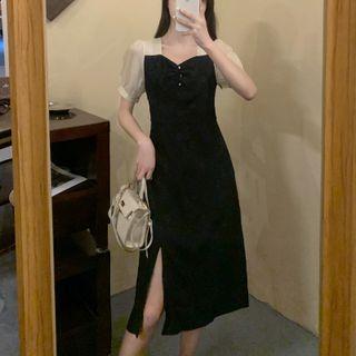 Short-sleeve Mock Two-piece Jacquard Sheath Dress