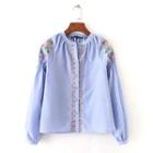Floral Embroidered Long-sleeved Stand Collar Open-front Blouse