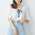 Elbow-sleeve Frill Trim Ribbon Top White - One Size