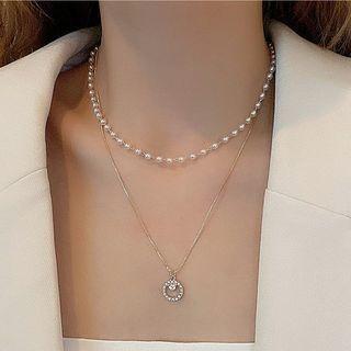 Faux Pearl Rhinestone Layered Necklace Necklace - One Size