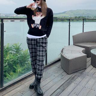 Dog Print Sweater / Plaid Straight Leg Pants