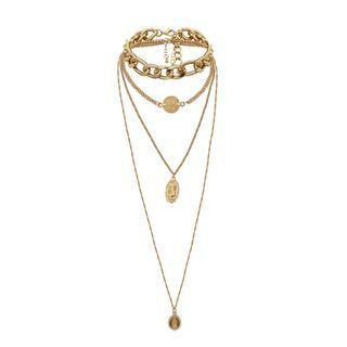 Set: Embossed Alloy Pendant Necklace + Chunky Choker 0318 - Gold - One Size