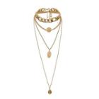 Set: Embossed Alloy Pendant Necklace + Chunky Choker 0318 - Gold - One Size