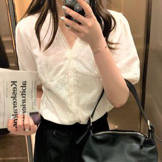 V-neck Short-sleeve Lace Blouse White - One Size