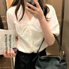V-neck Short-sleeve Lace Blouse White - One Size