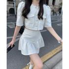 Short-sleeve Button-up Top / High-waist Mini Skirt