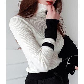 Turtle-neck Contrast-trim Slim Knit Top