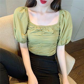 Off-shoulder Short-sleeve Shirred Cropped Blouse