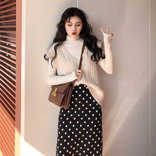 Turtleneck Long-sleeve T-shirt / Cable-knit Vest / Dotted Midi Straight-fit Skirt