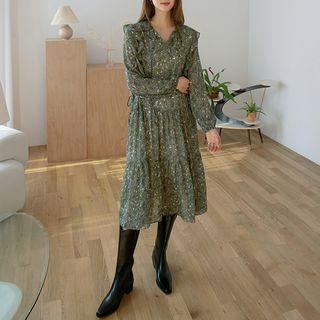 Beribboned Frilled Long Floral Dress