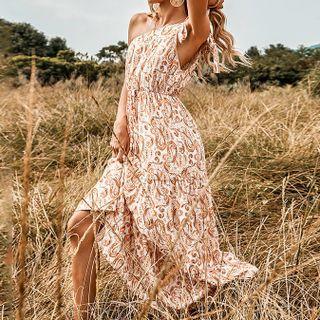 One-shoulder Floral Bow A-line Midi Dress