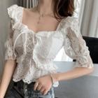 Lace-up Front Lace Panel Cropped Top